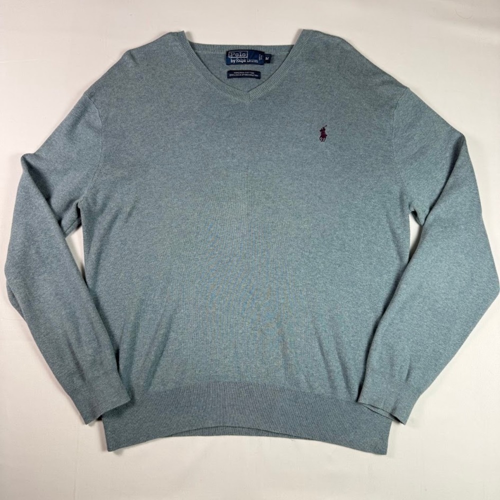 Vintage Polo Ralph Lauren Mens Light Blue V-Neck Pima Cotton Sweater Size M 90s